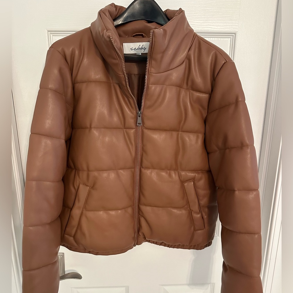 Sebby Brown Vegan Leather Puffer Jacket size M